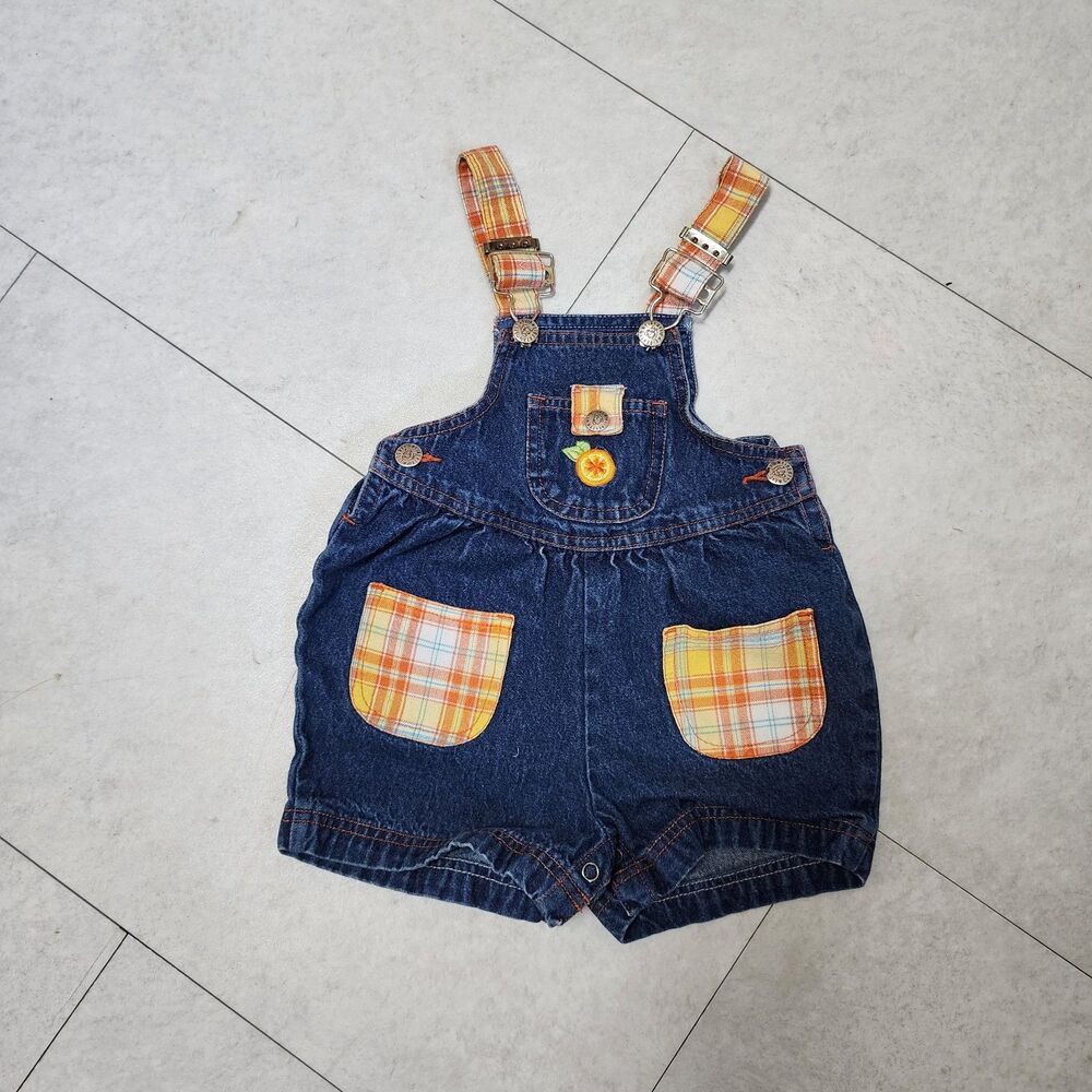 Vintage Liberty Orange Slice Plaid Pocket Bow Cotton Blue Denim Overalls Sz 18M